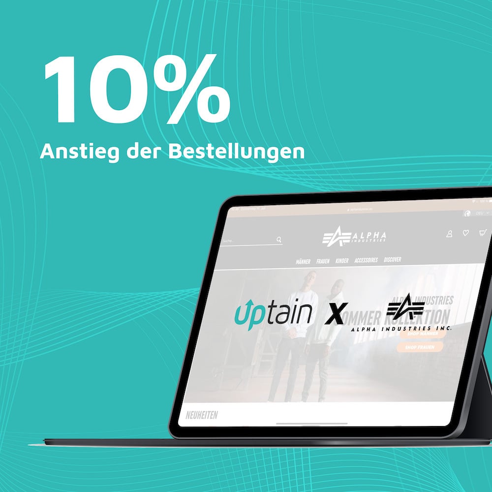 Infografik mit dem Titel: 10% Anstieg der Bestellungen. Stellt das Fallbeispiel von Alpha Industries und der uptain Software dar