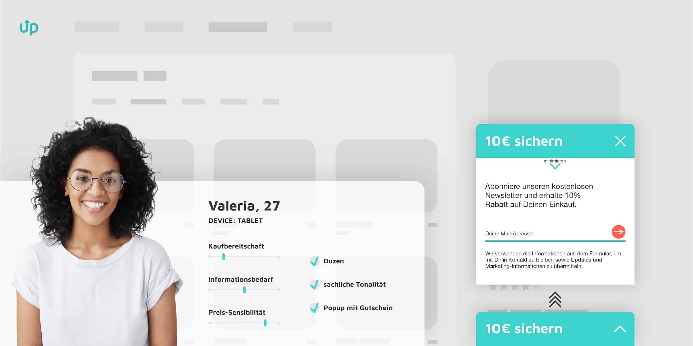 Infografik zeigt ein weibliches Zielgruppenavatar und Bewertungskriterien wie Kaufbereitschaft, Informationsbedarf und Preis-Sensibilität.