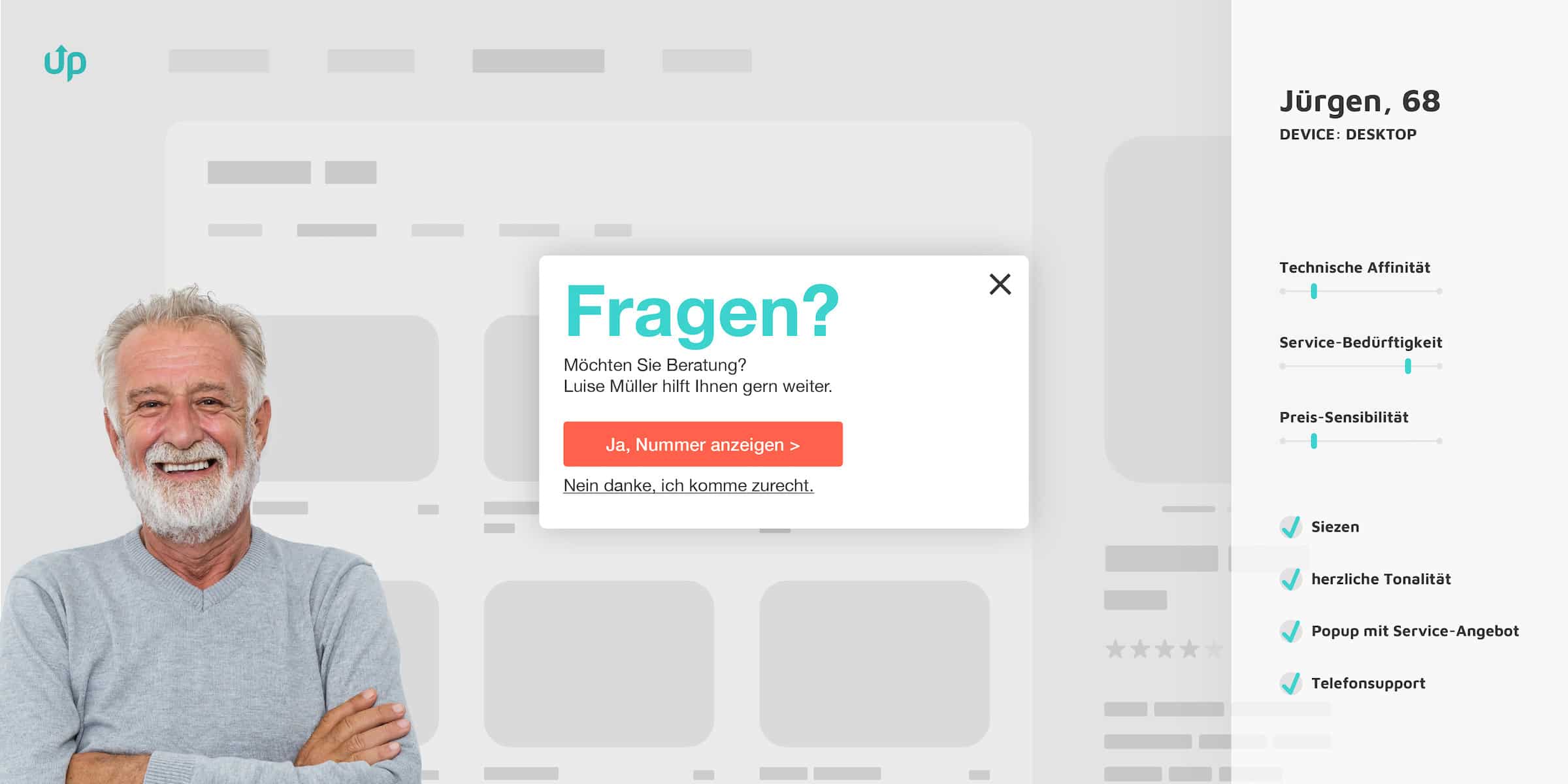 Infografik zeigt ein Exit Intent Popup auf dem ein Beratungsservice angeboten ist. Daneben ist ein Buyer Persona, was die Service-Bedürftigkeit der Person einstuft. Es ist ein Beispiel für Trigger-based Marketing.