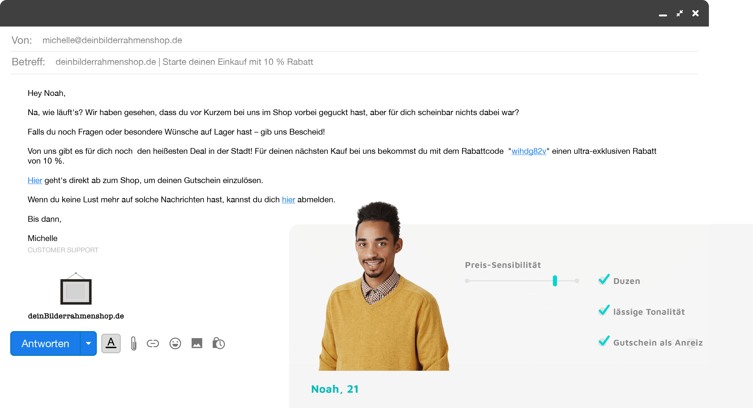 Beispiel-Warenkorbabbrecher-Mail mit einem Rabattcode. Daneben ein Zielgruppenavatar mit Wertangaben zu technischer Affinität, Preis-Sensibilität und Service-Bedürftigkeit