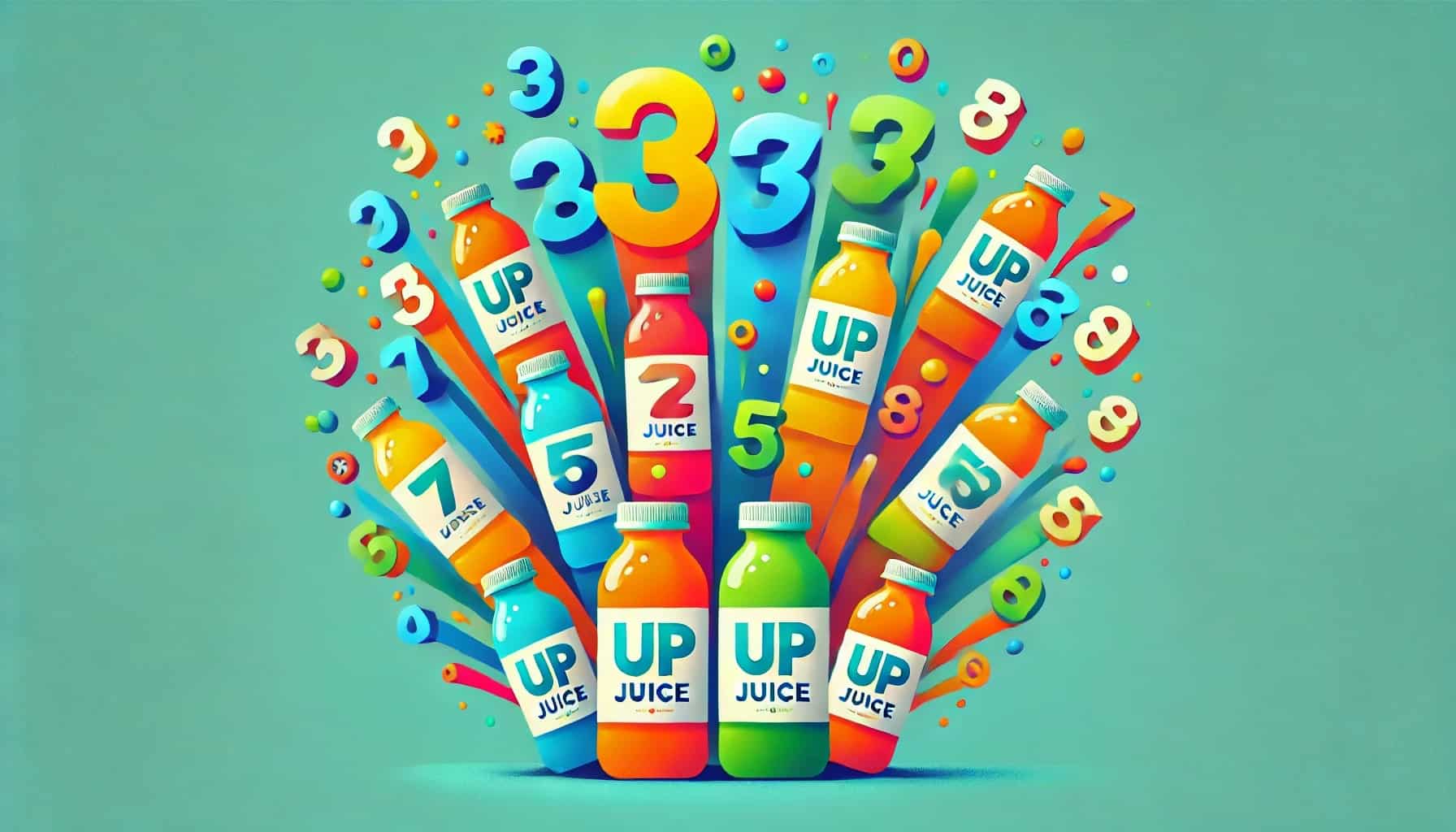 Herobild für das fiktive Unternehmen upJuice mit bunten Saftflaschen über denen bunte Zahlen hervorspringen. Der Hintergrund ist Türkis.